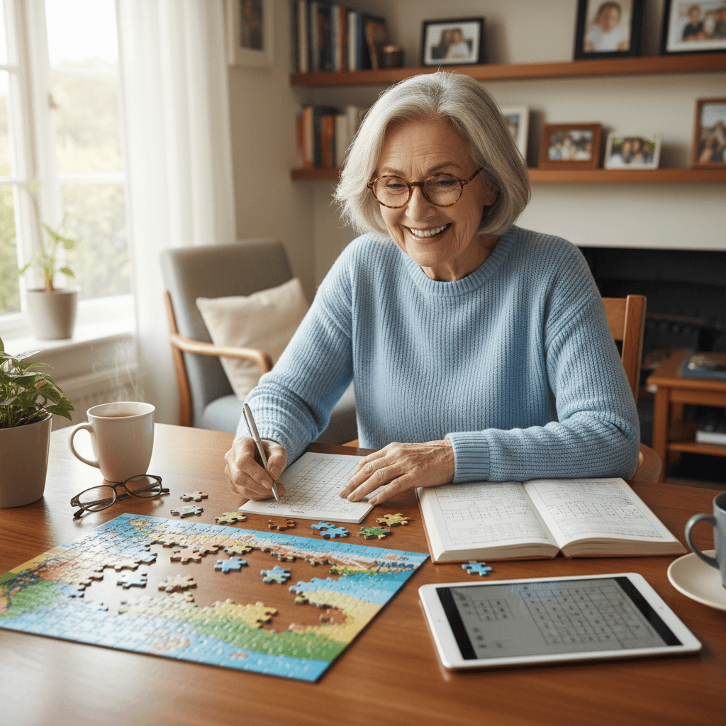 Senior woman smiling doing brain games puzzle activities at home table