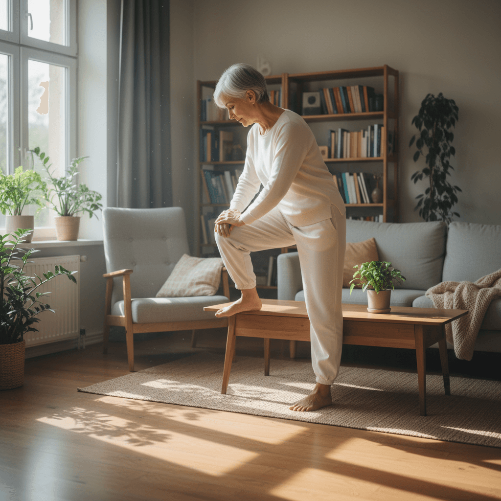 Active senior doing light stretching exercises in comfortable living room with natural light