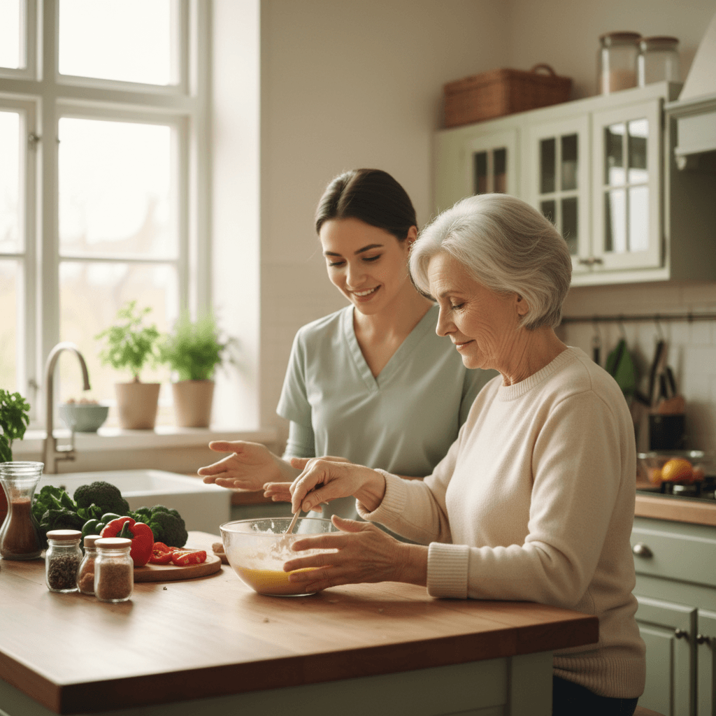 Senior and caregiver preparing a meal together