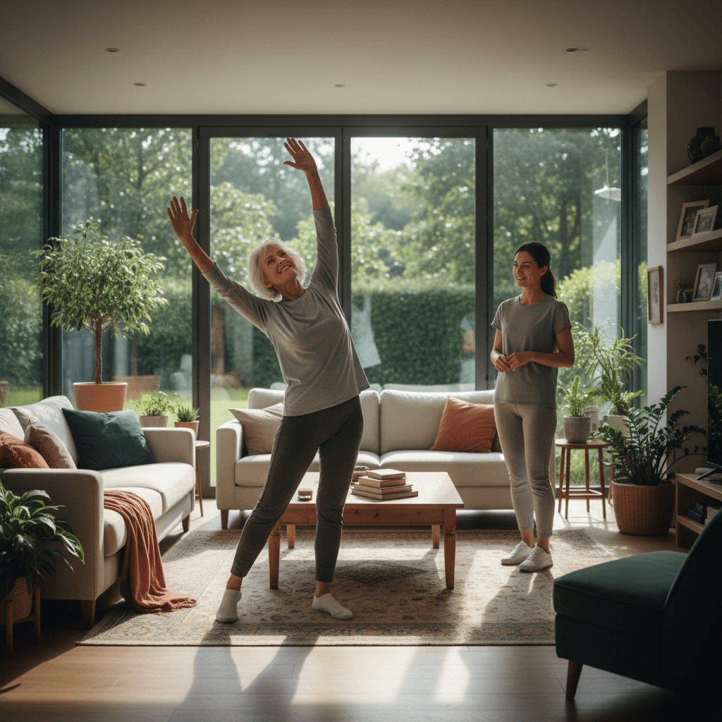 Senior doing mobility exercises at home