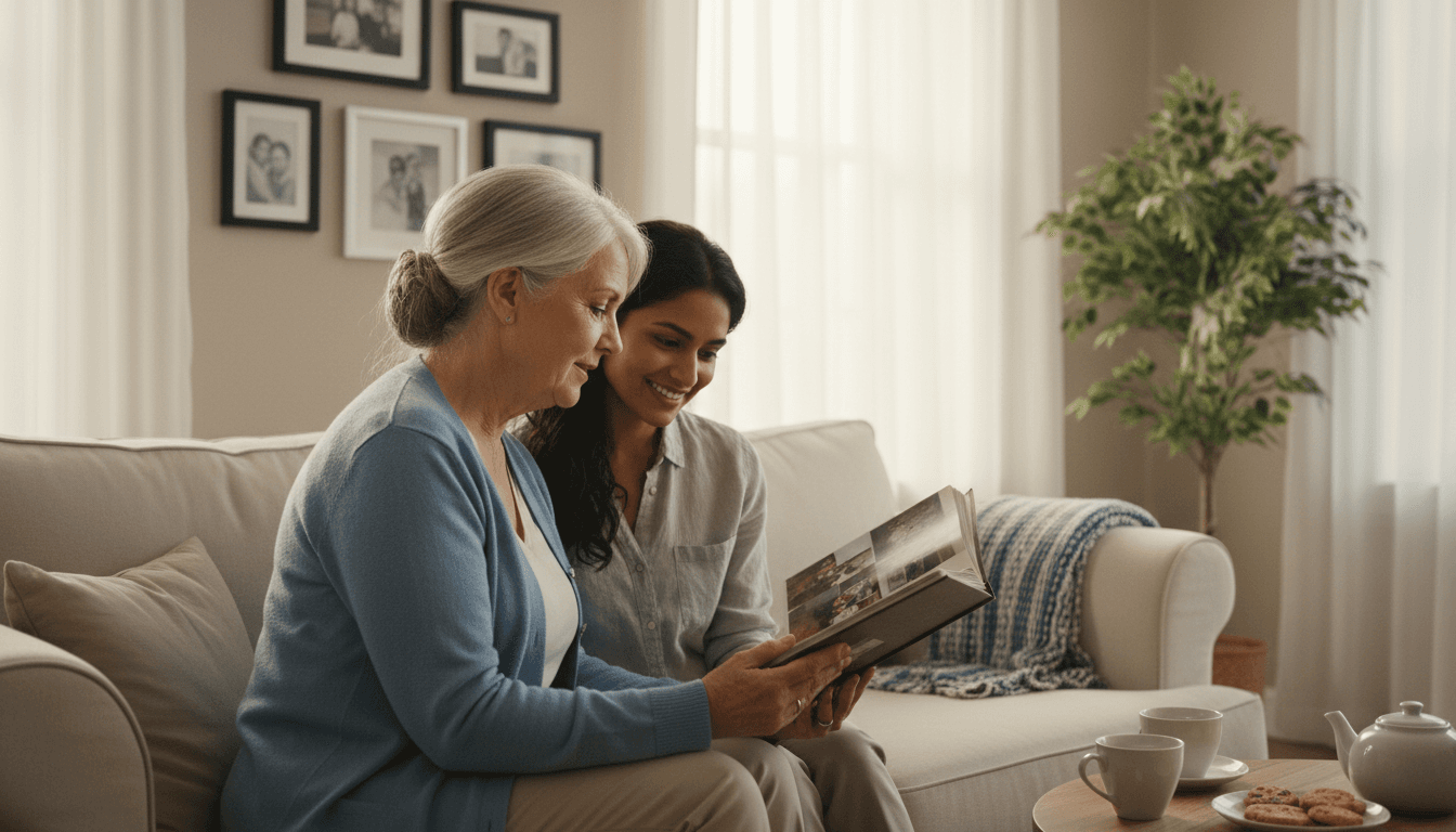 Senior and caregiver sharing a warm moment looking at family photo album together in sunny living room